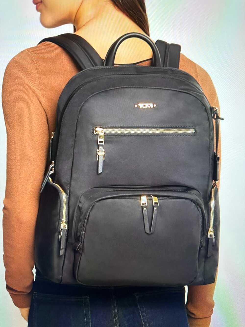 NWOT TUMI Voyageur Carson Backpack Gold Accents Luxury Travel Bag